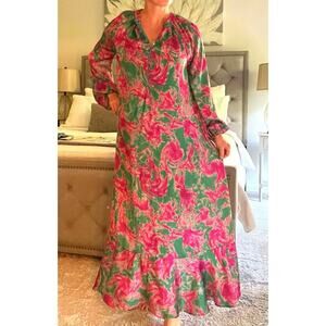 QUQA satin ruffle hem maxi dress/mumu/kaftan/house dress